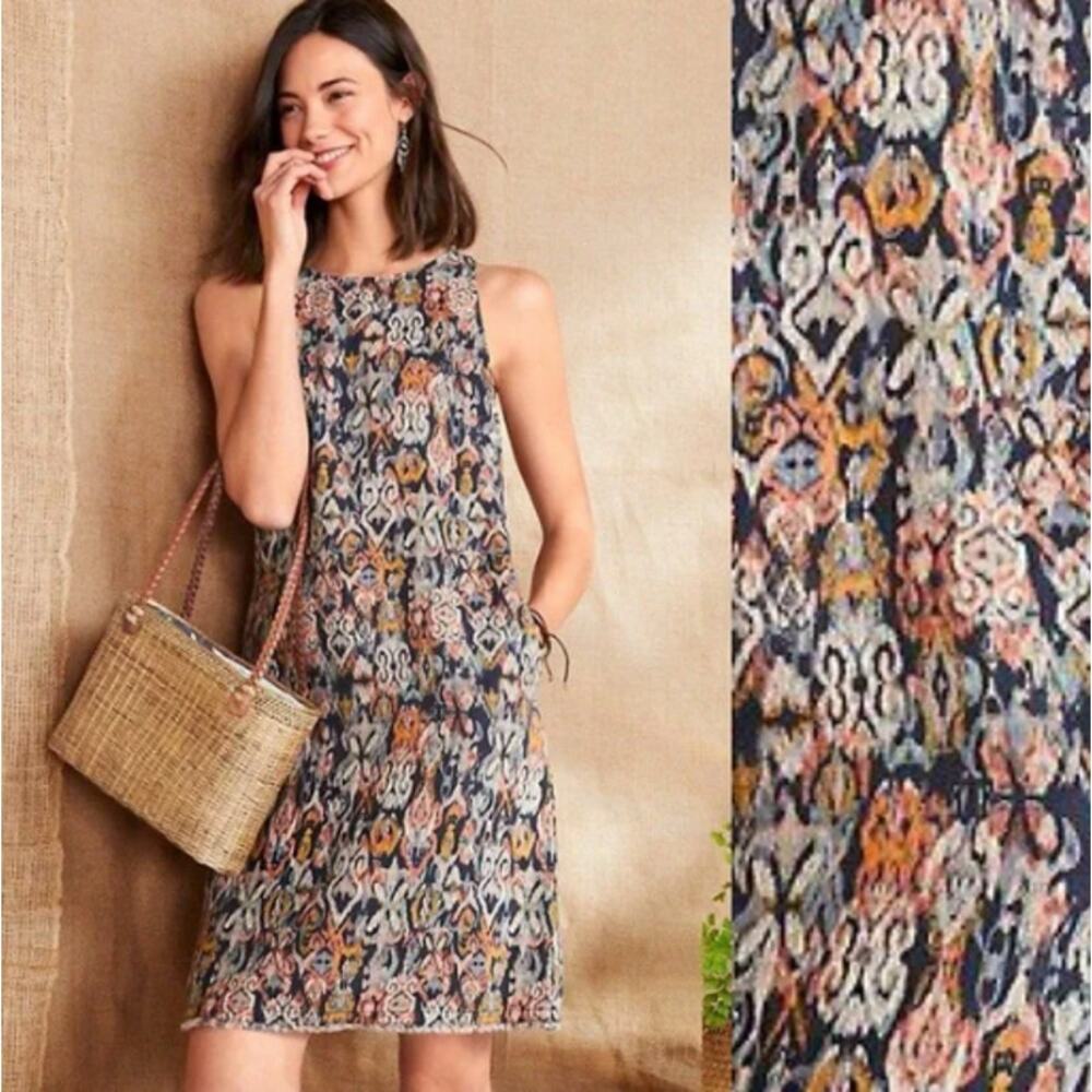 Garnet Hill‎ Linen Dress size 8 sheath Ikat tribal batik colorful boho office
